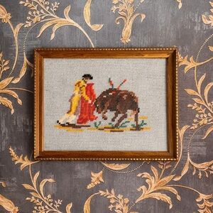 Vintage Framed Needlepoint Art with Matador and Bull